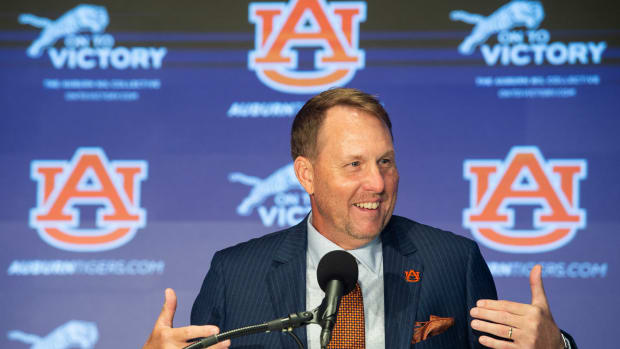 Auburn Tigers football coach Hugh Freeze is introduced at the Woltosz Football Performance Center in Auburn, Ala., on Tuesday, Nov. 29, 2022